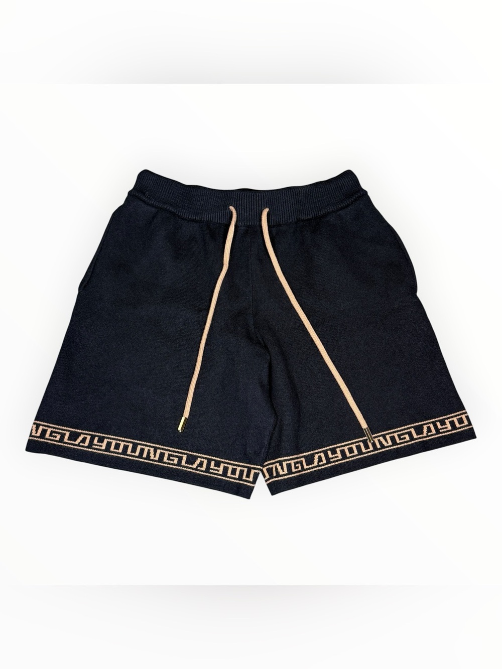 YoungLA 116 Cozy Knit Shorts Men's XL Black Tan Greek Key Logo Drawstring